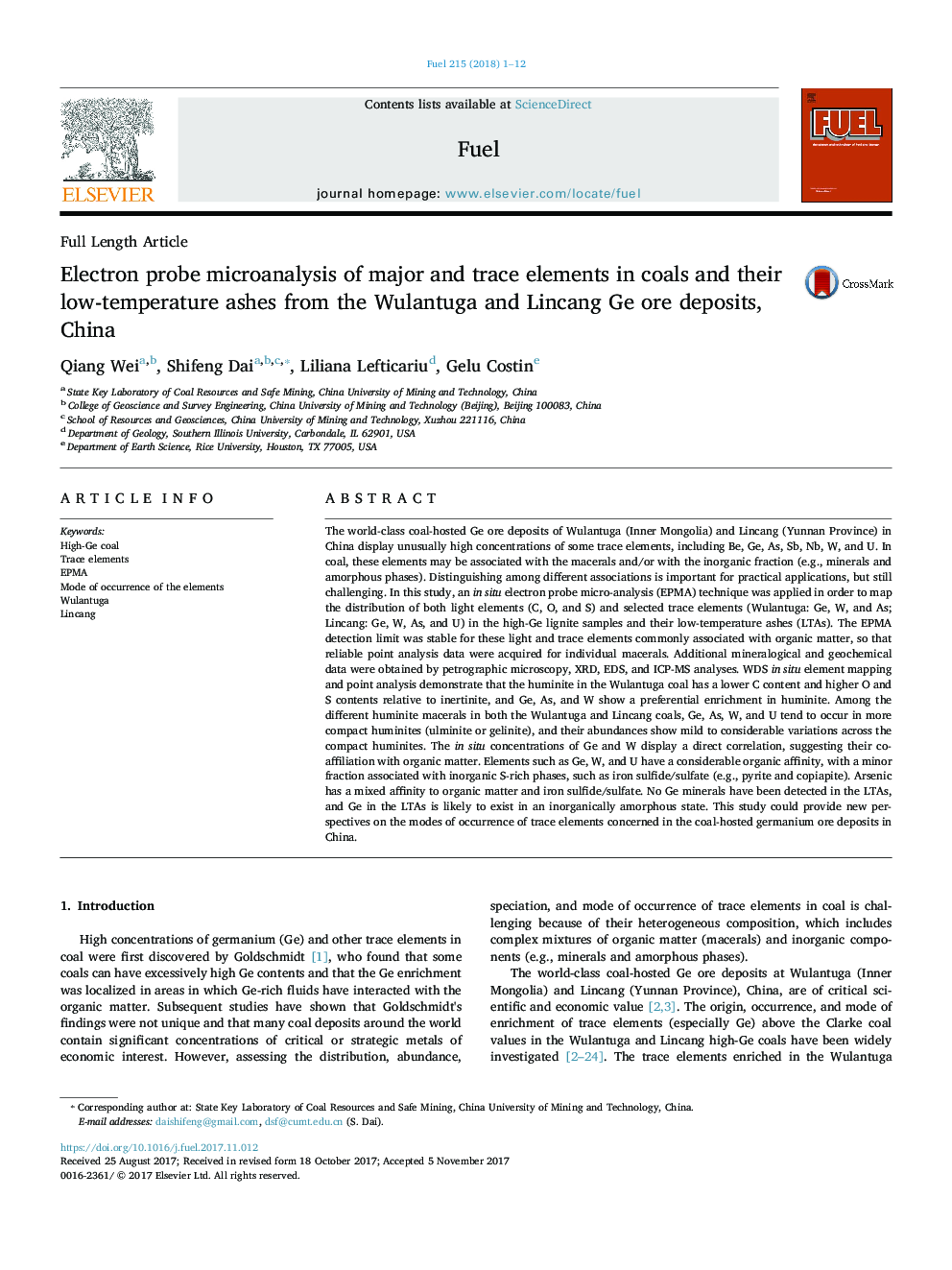 Electron probe microanalysis of major and trace elements in coals and their low-temperature ashes from the Wulantuga and Lincang Ge ore deposits, China