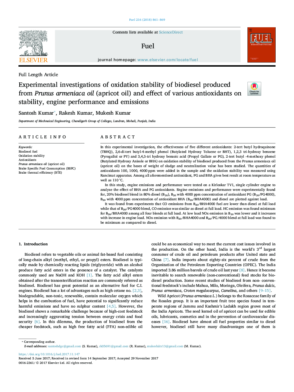 Experimental investigations of oxidation stability of biodiesel produced from Prunus armeniaca oil (apricot oil) and effect of various antioxidants on stability, engine performance and emissions