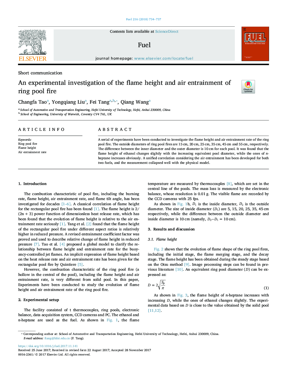 An experimental investigation of the flame height and air entrainment of ring pool fire