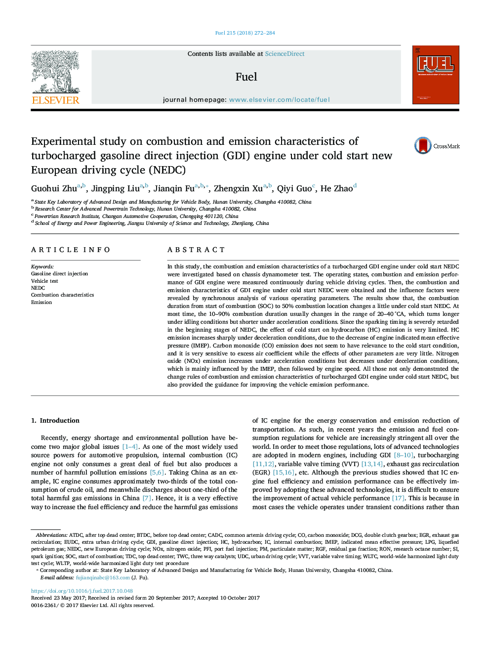 Experimental study on combustion and emission characteristics of turbocharged gasoline direct injection (GDI) engine under cold start new European driving cycle (NEDC)