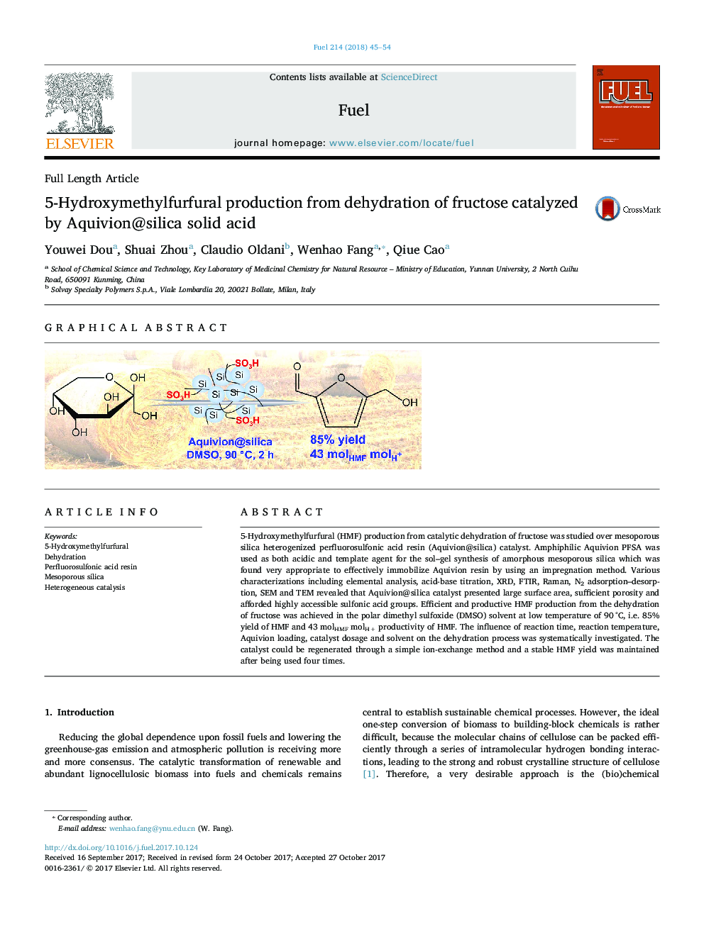 5-Hydroxymethylfurfural production from dehydration of fructose catalyzed by Aquivion@silica solid acid