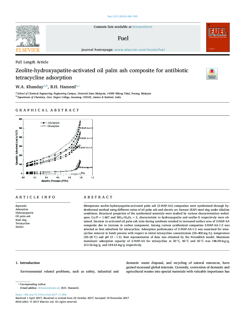 کامپوزیت خاکستر نخل روغن زئولیت-هیدروکسی آپاتیت برای جذب آنتی بیوتیک تتراسایکلین 