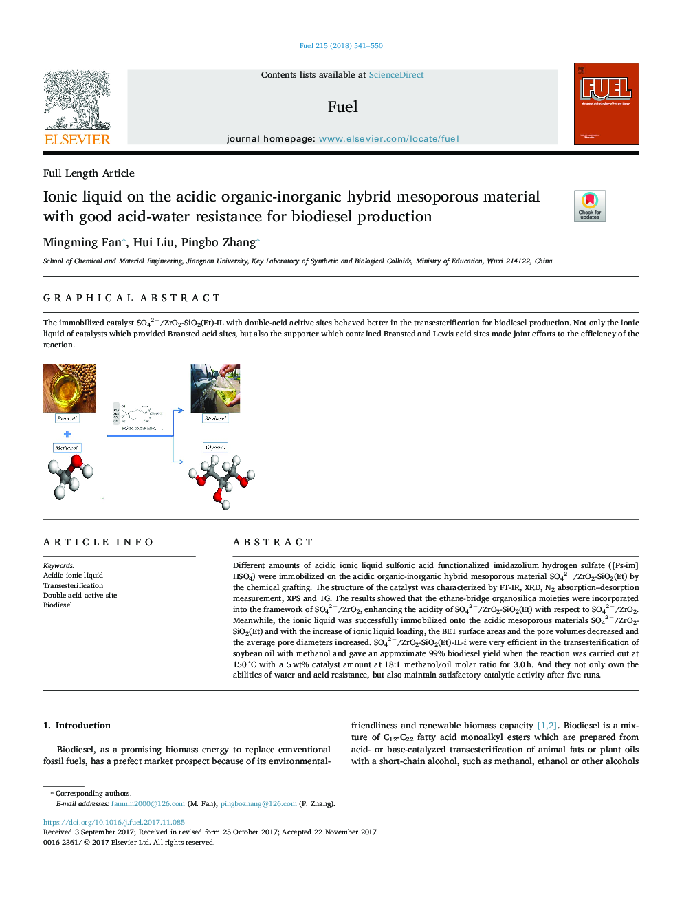 Ionic liquid on the acidic organic-inorganic hybrid mesoporous material with good acid-water resistance for biodiesel production