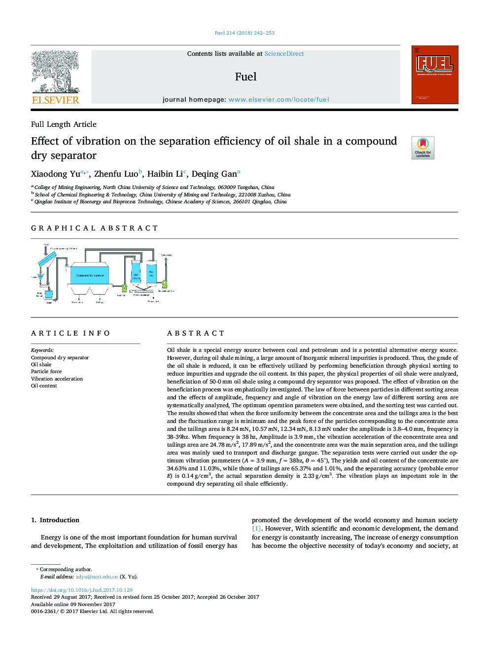 Effect of vibration on the separation efficiency of oil shale in a compound dry separator