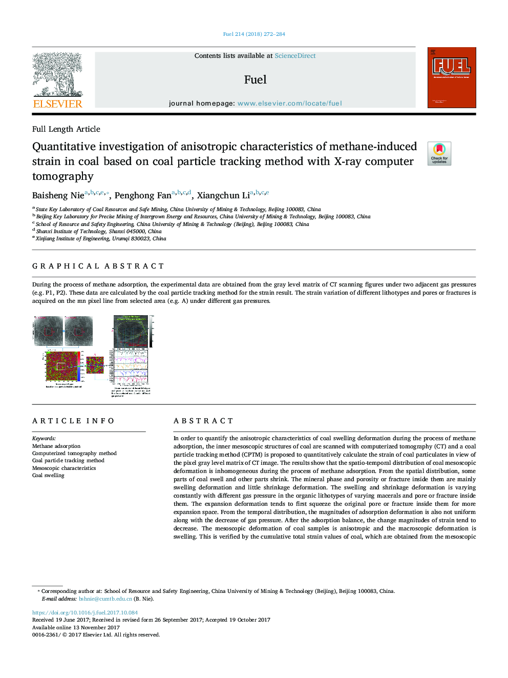 Quantitative investigation of anisotropic characteristics of methane-induced strain in coal based on coal particle tracking method with X-ray computer tomography