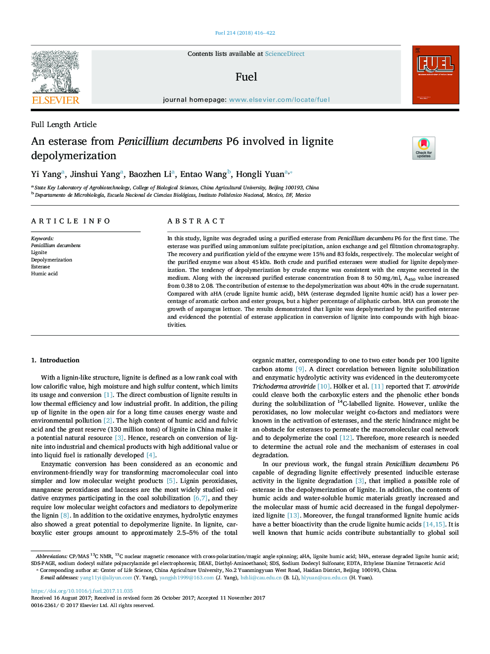 An esterase from Penicillium decumbens P6 involved in lignite depolymerization