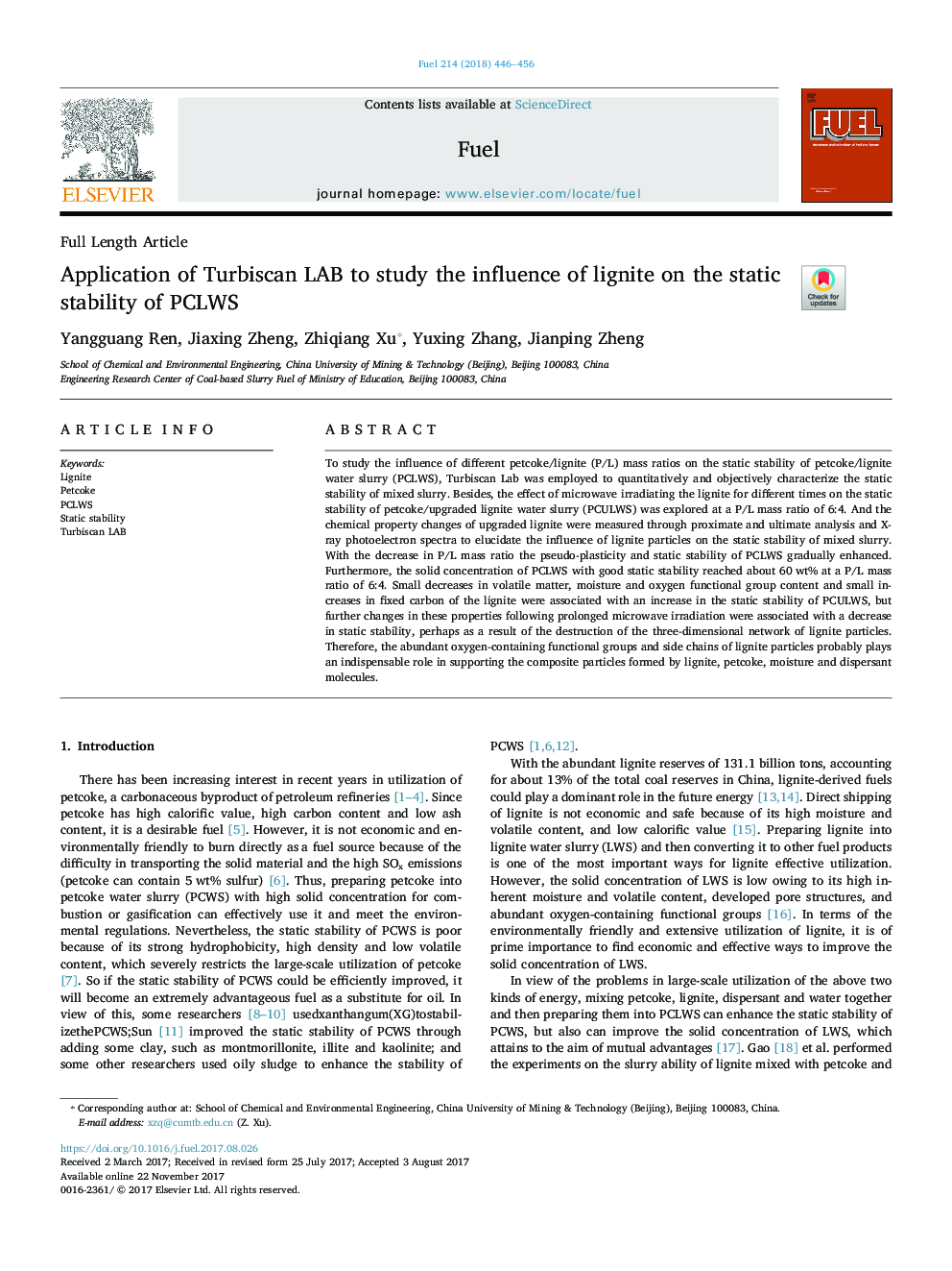 Application of Turbiscan LAB to study the influence of lignite on the static stability of PCLWS