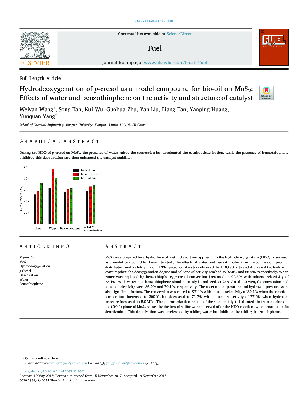 Hydrodeoxygenation of p-cresol as a model compound for bio-oil on MoS2: Effects of water and benzothiophene on the activity and structure of catalyst