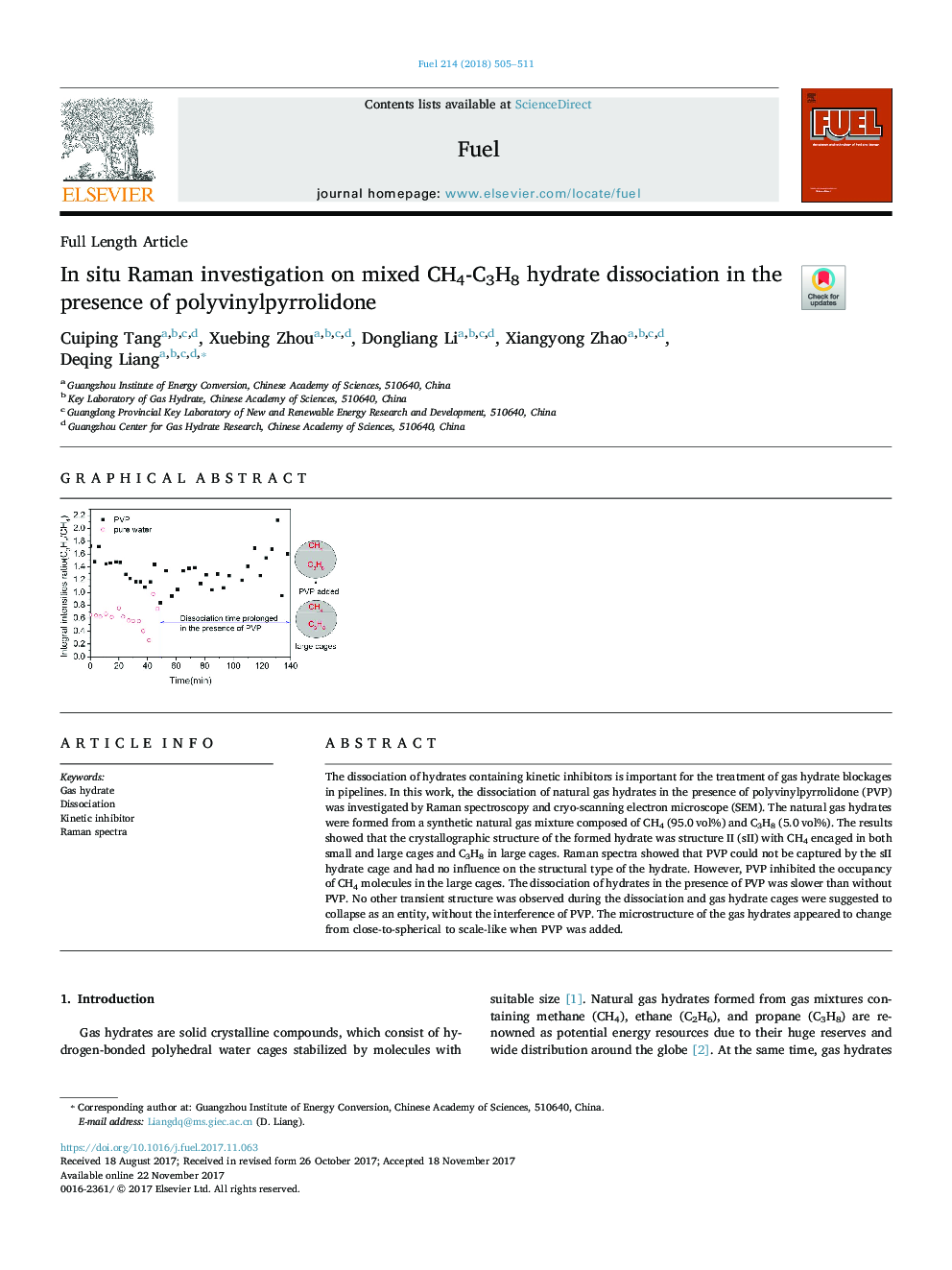 In situ Raman investigation on mixed CH4-C3H8 hydrate dissociation in the presence of polyvinylpyrrolidone