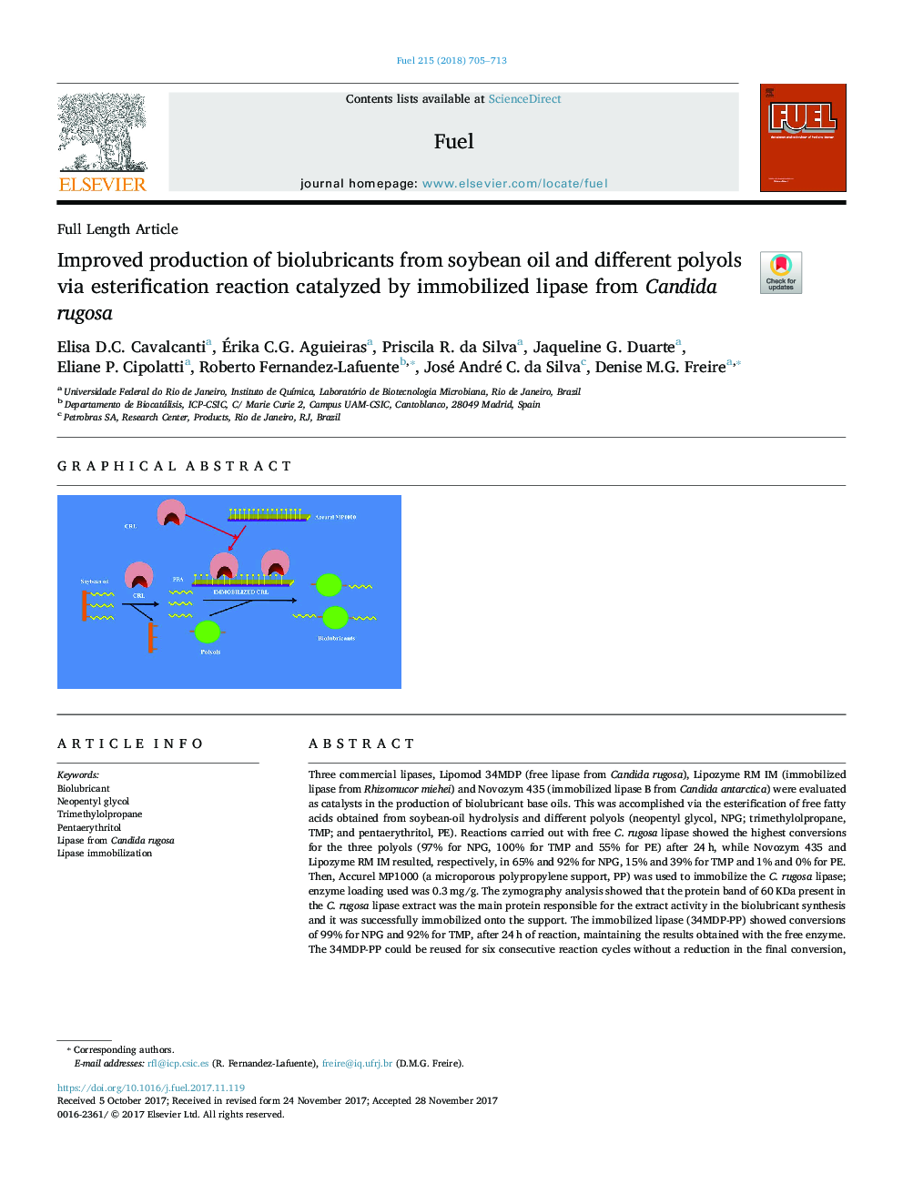 Improved production of biolubricants from soybean oil and different polyols via esterification reaction catalyzed by immobilized lipase from Candida rugosa