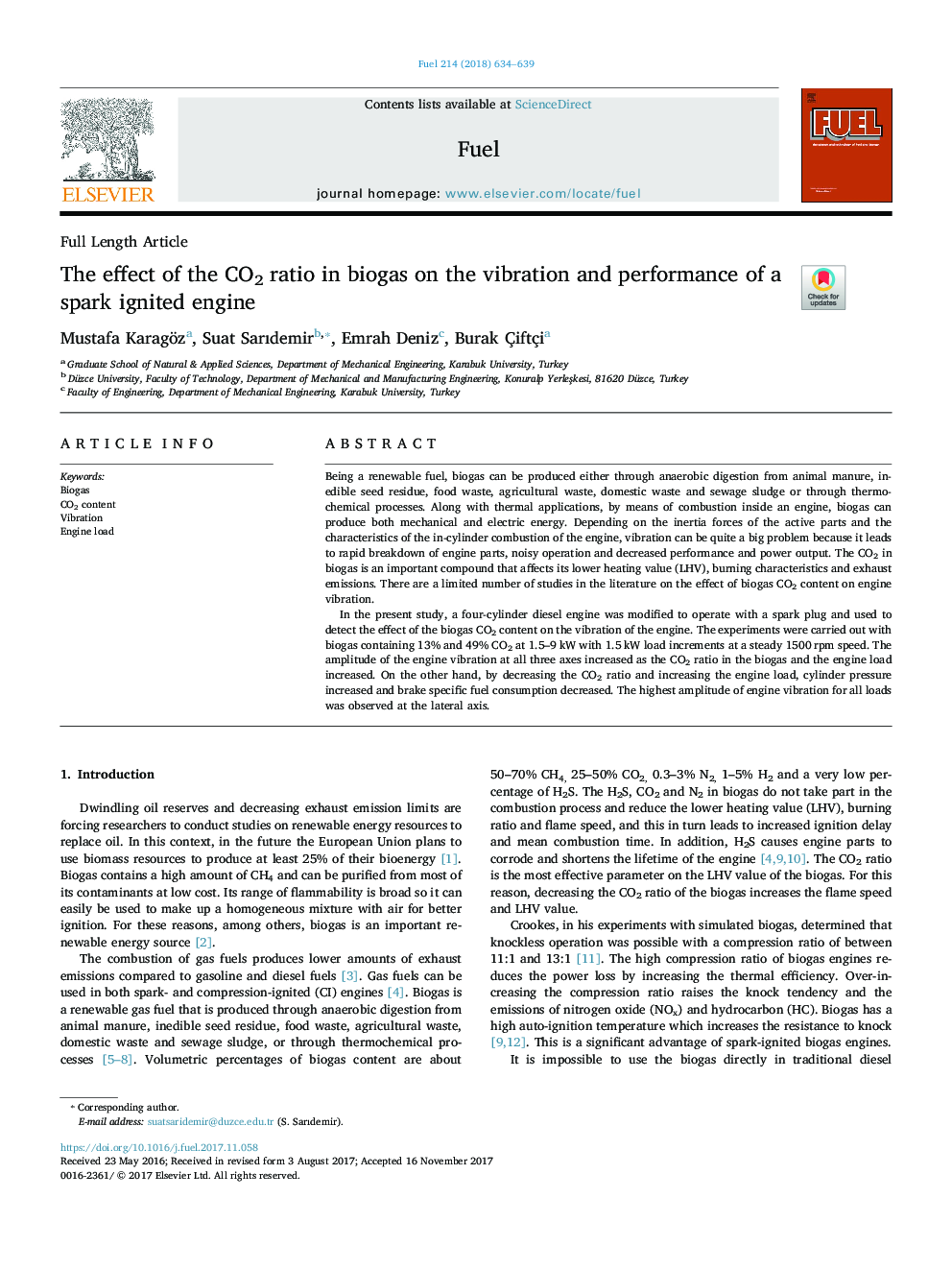 The effect of the CO2 ratio in biogas on the vibration and performance of a spark ignited engine