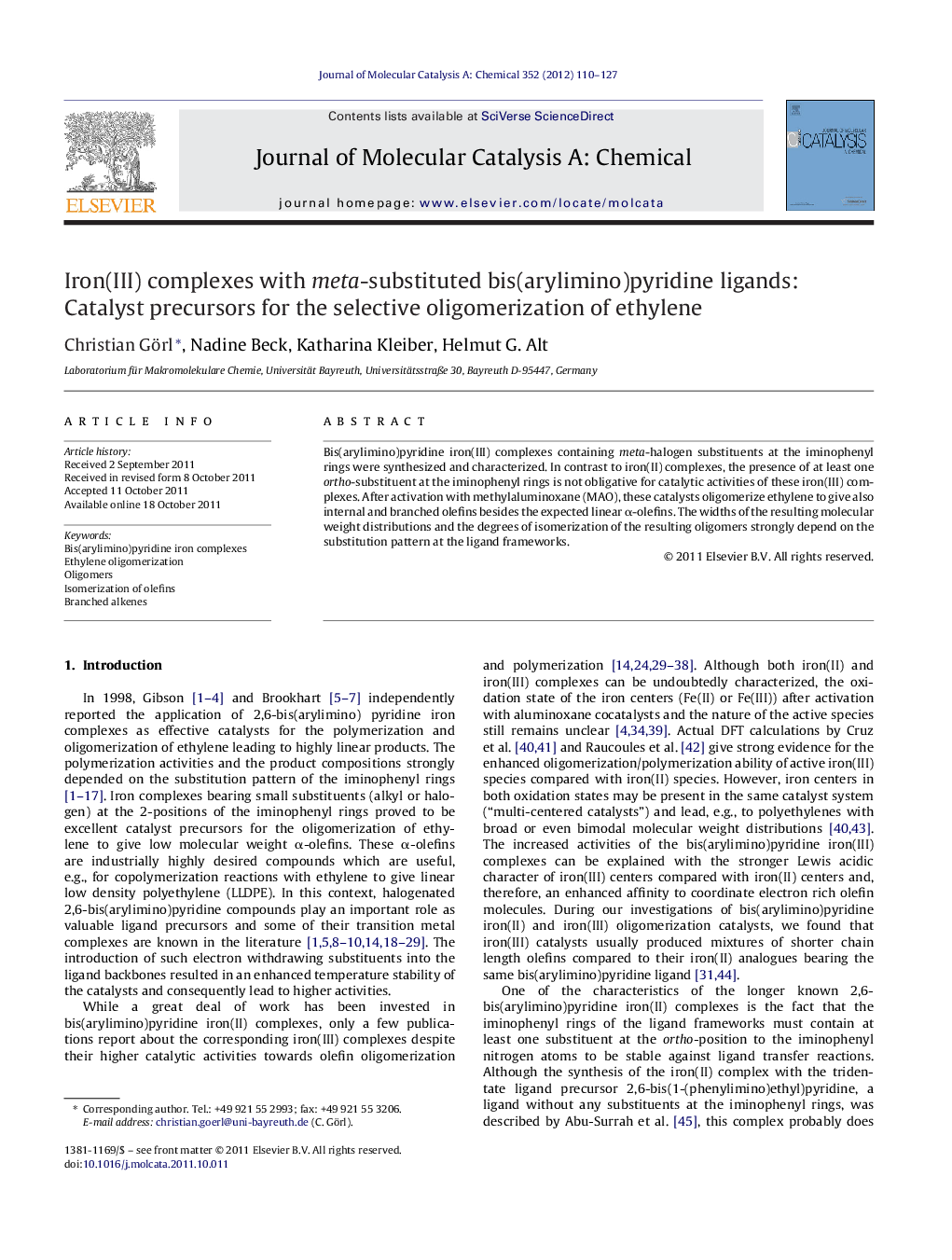 Iron(III) complexes with meta-substituted bis(arylimino)pyridine ligands: Catalyst precursors for the selective oligomerization of ethylene