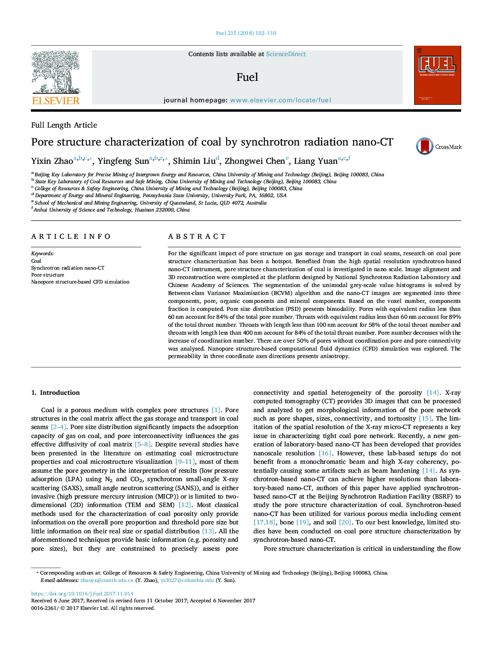 Pore structure characterization of coal by synchrotron radiation nano-CT