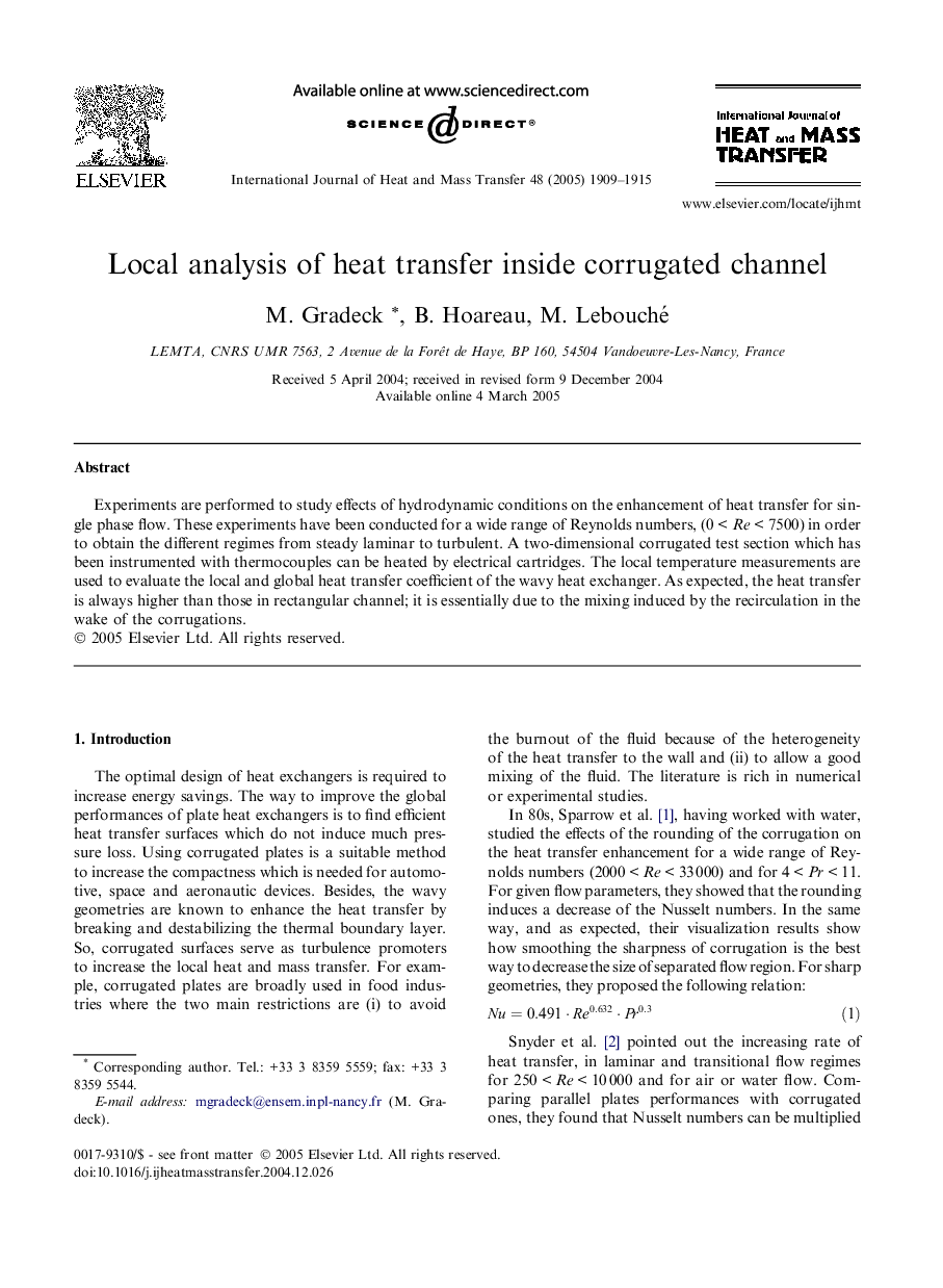 Local analysis of heat transfer inside corrugated channel