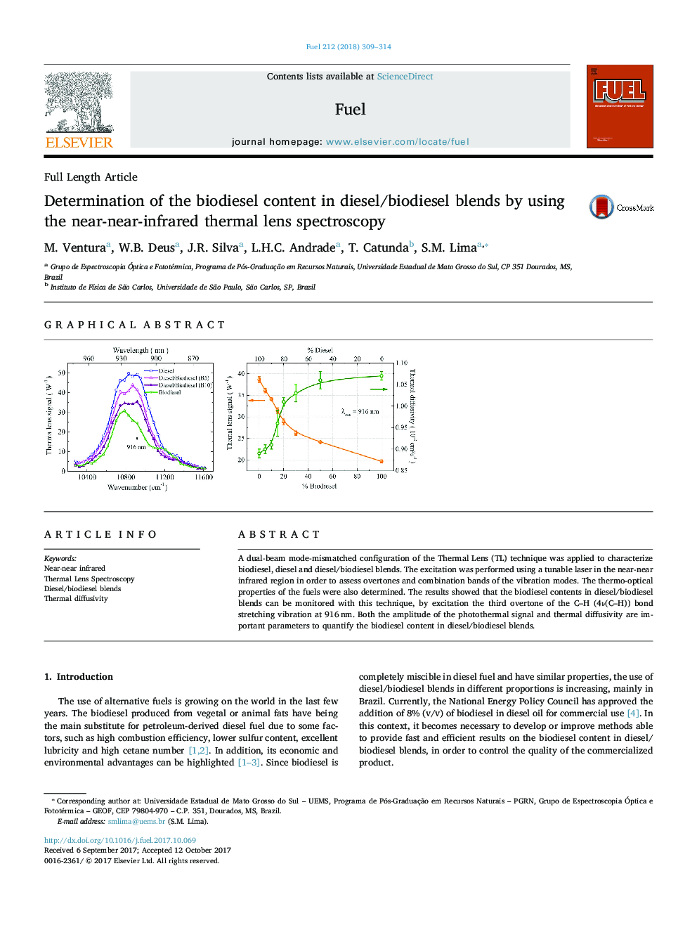 Determination of the biodiesel content in diesel/biodiesel blends by using the near-near-infrared thermal lens spectroscopy