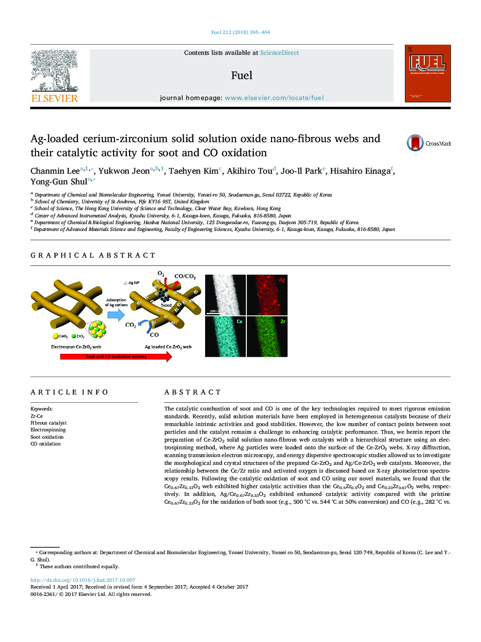 Ag-loaded cerium-zirconium solid solution oxide nano-fibrous webs and their catalytic activity for soot and CO oxidation