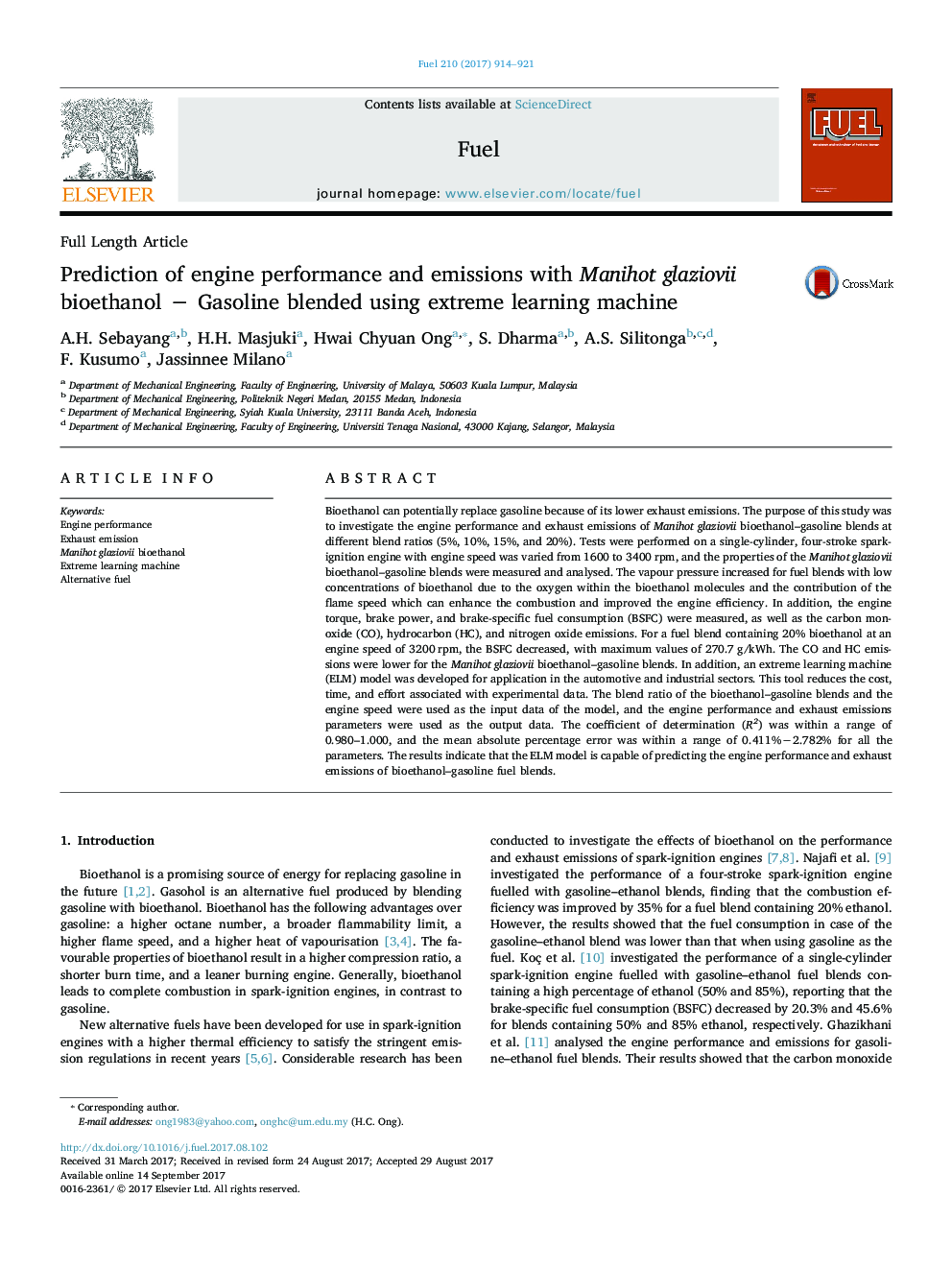 Prediction of engine performance and emissions with Manihot glaziovii bioethanol â Gasoline blended using extreme learning machine