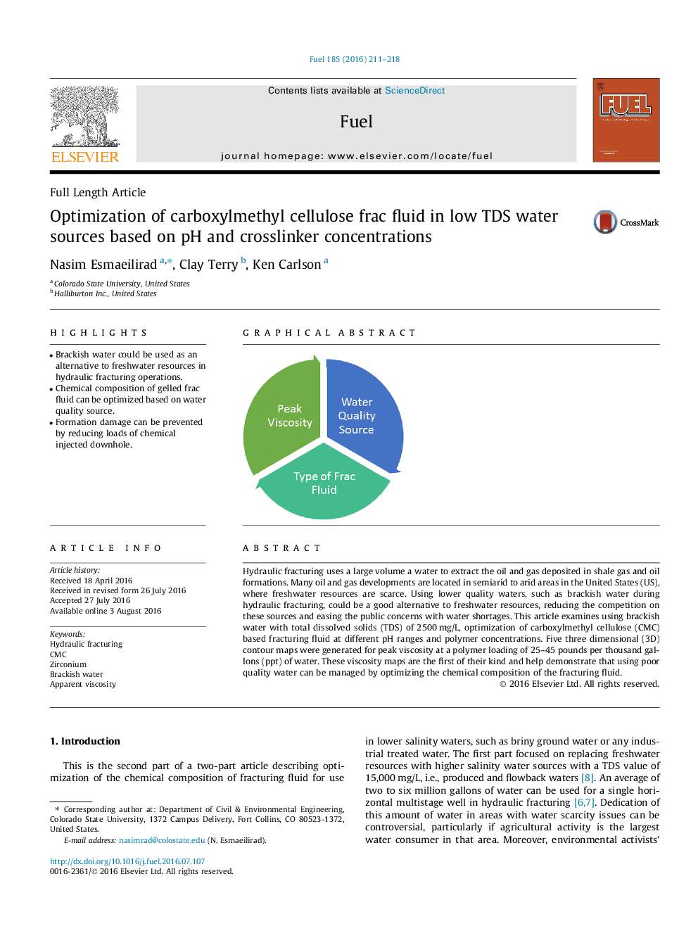 عکس صفحه اول مقاله: Optimization of carboxylmethyl cellulose frac fluid in low TDS water sources based on pH and crosslinker concentrations Optimization of carboxylmethyl cellulose frac fluid in low TDS water sources based on pH and crosslinker concentrations