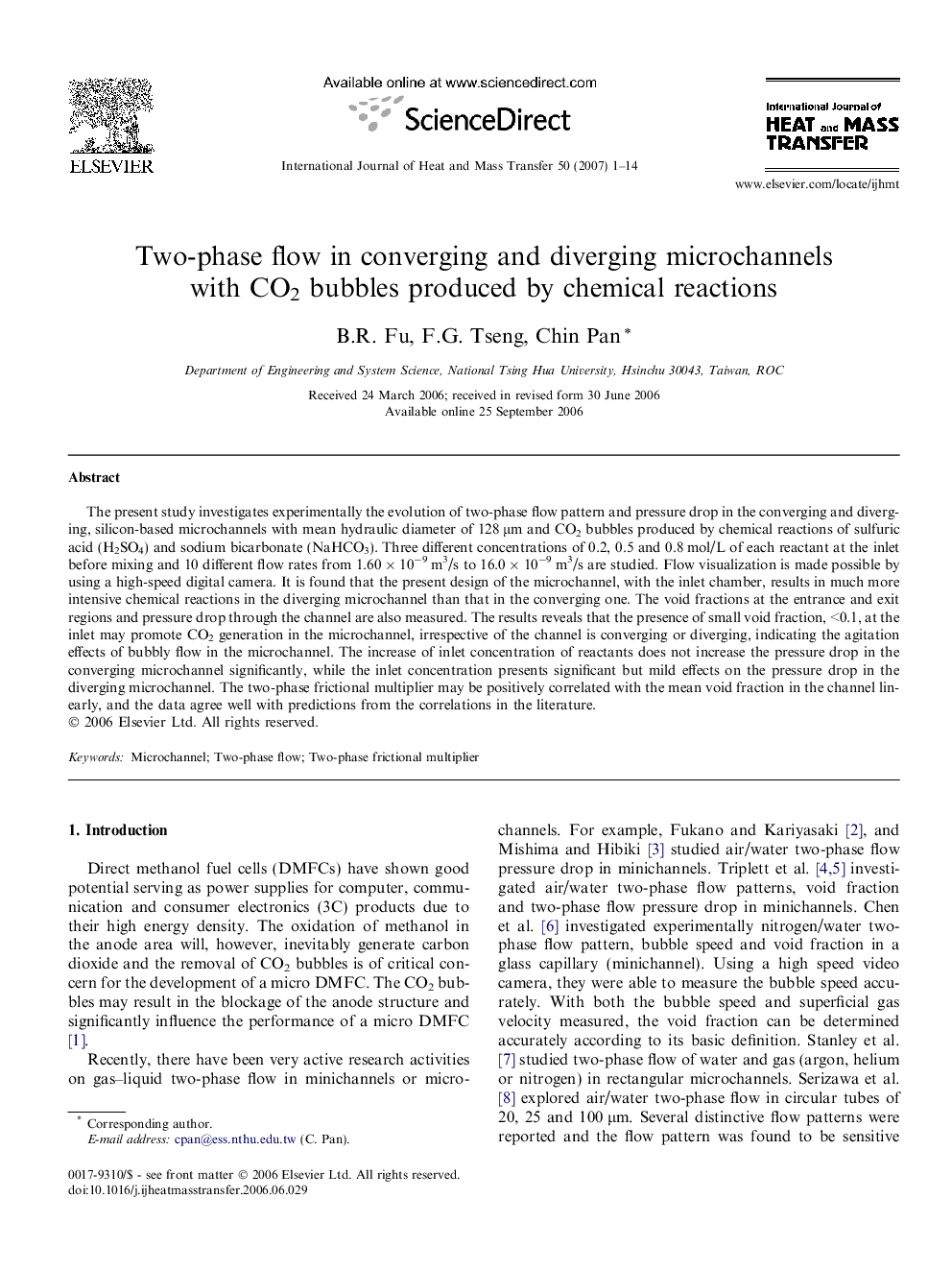 Two-phase flow in converging and diverging microchannels with CO2 bubbles produced by chemical reactions