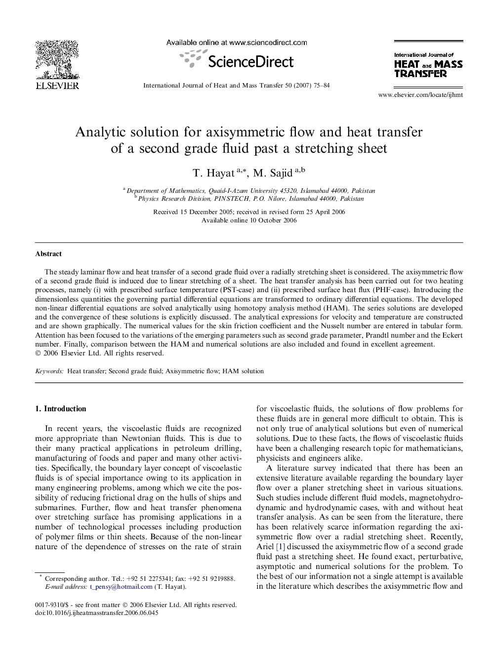 Analytic solution for axisymmetric flow and heat transfer of a second grade fluid past a stretching sheet