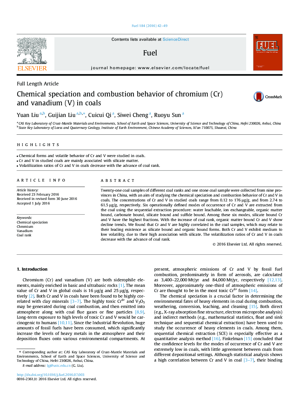 Chemical speciation and combustion behavior of chromium (Cr) and vanadium (V) in coals