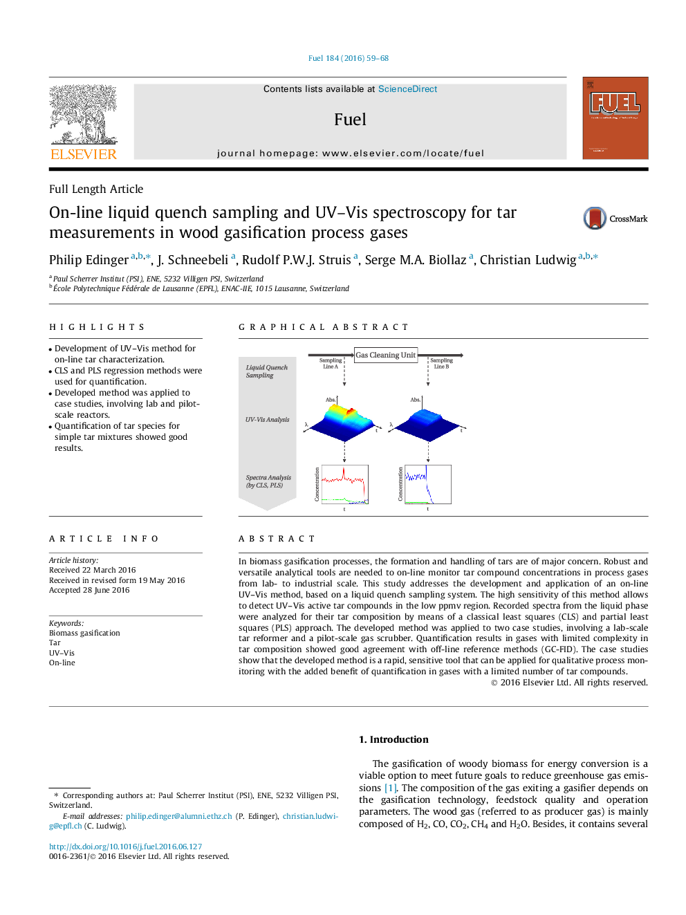 On-line liquid quench sampling and UV-Vis spectroscopy for tar measurements in wood gasification process gases