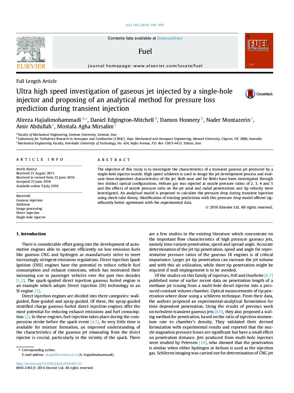 Ultra high speed investigation of gaseous jet injected by a single-hole injector and proposing of an analytical method for pressure loss prediction during transient injection