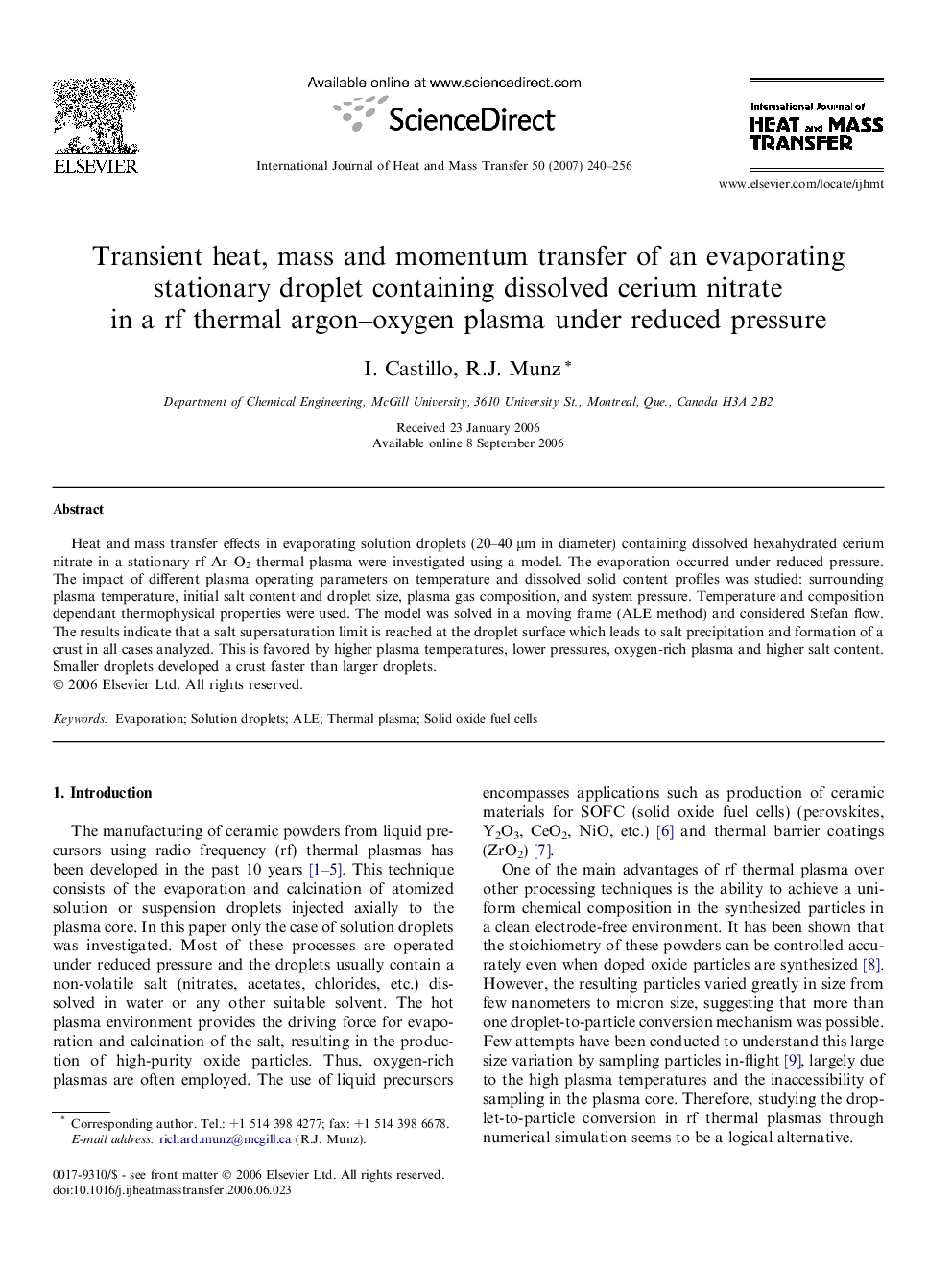 Transient heat, mass and momentum transfer of an evaporating stationary droplet containing dissolved cerium nitrate in a rf thermal argon–oxygen plasma under reduced pressure