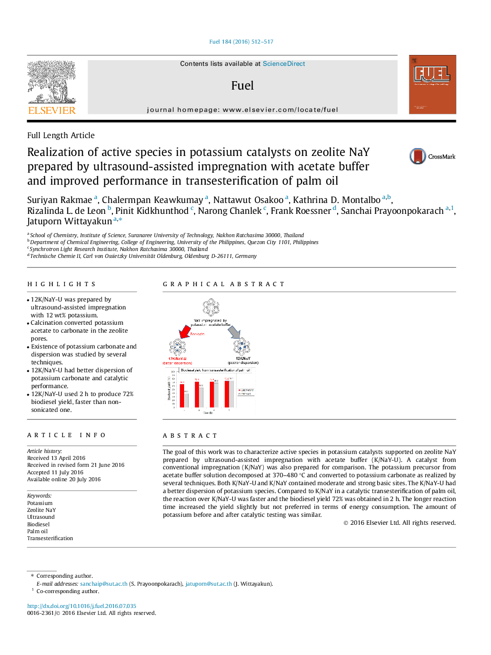 Realization of active species in potassium catalysts on zeolite NaY prepared by ultrasound-assisted impregnation with acetate buffer and improved performance in transesterification of palm oil