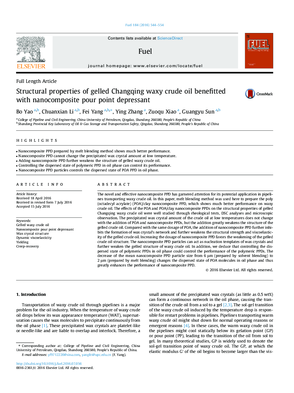 Structural properties of gelled Changqing waxy crude oil benefitted with nanocomposite pour point depressant