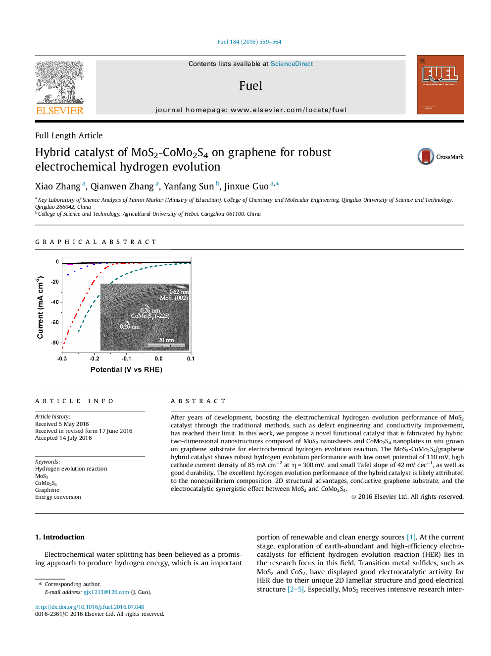 Hybrid catalyst of MoS2-CoMo2S4 on graphene for robust electrochemical hydrogen evolution