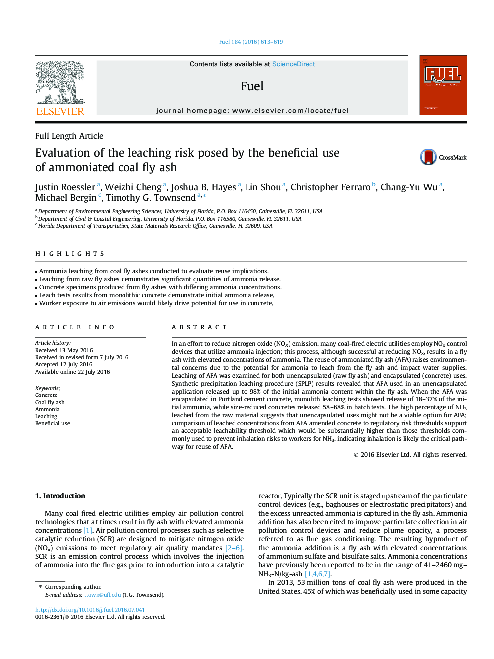 Evaluation of the leaching risk posed by the beneficial use of ammoniated coal fly ash