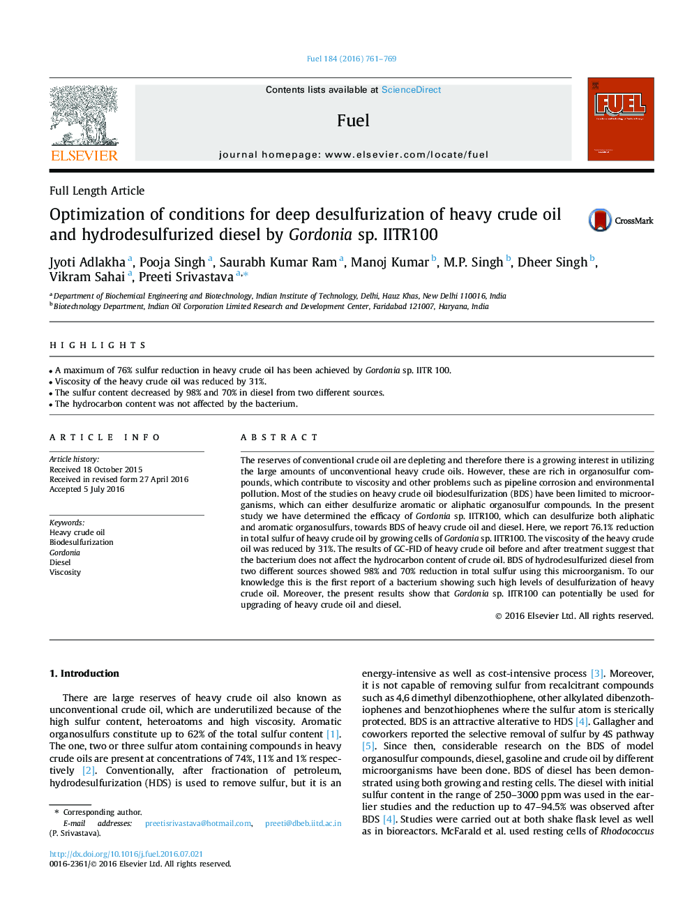 Optimization of conditions for deep desulfurization of heavy crude oil and hydrodesulfurized diesel by Gordonia sp. IITR100