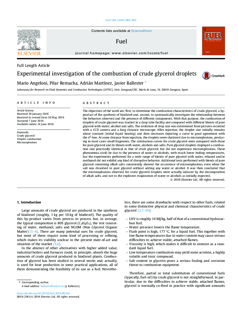 Experimental investigation of the combustion of crude glycerol droplets