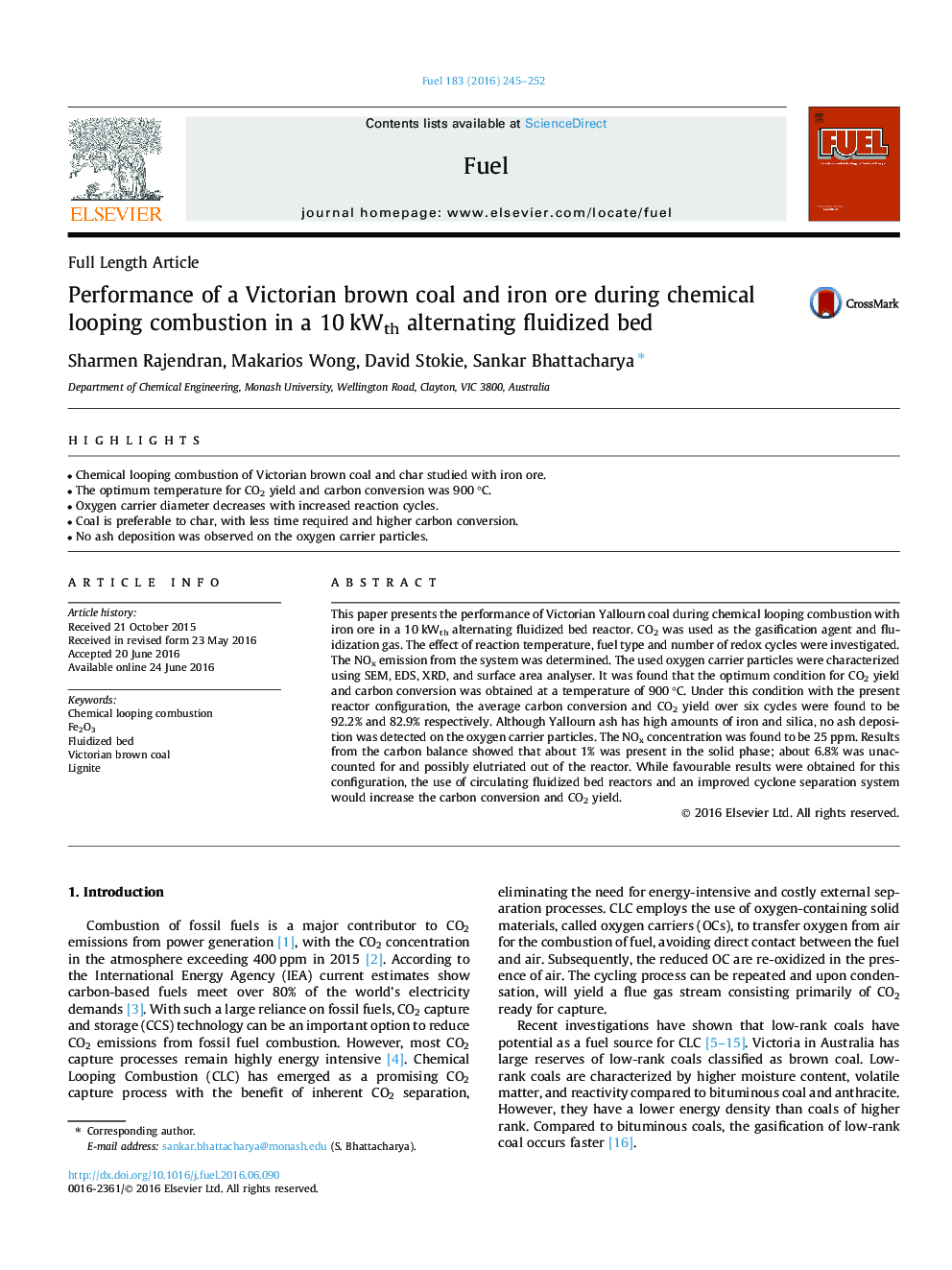 Performance of a Victorian brown coal and iron ore during chemical looping combustion in a 10Â kWth alternating fluidized bed