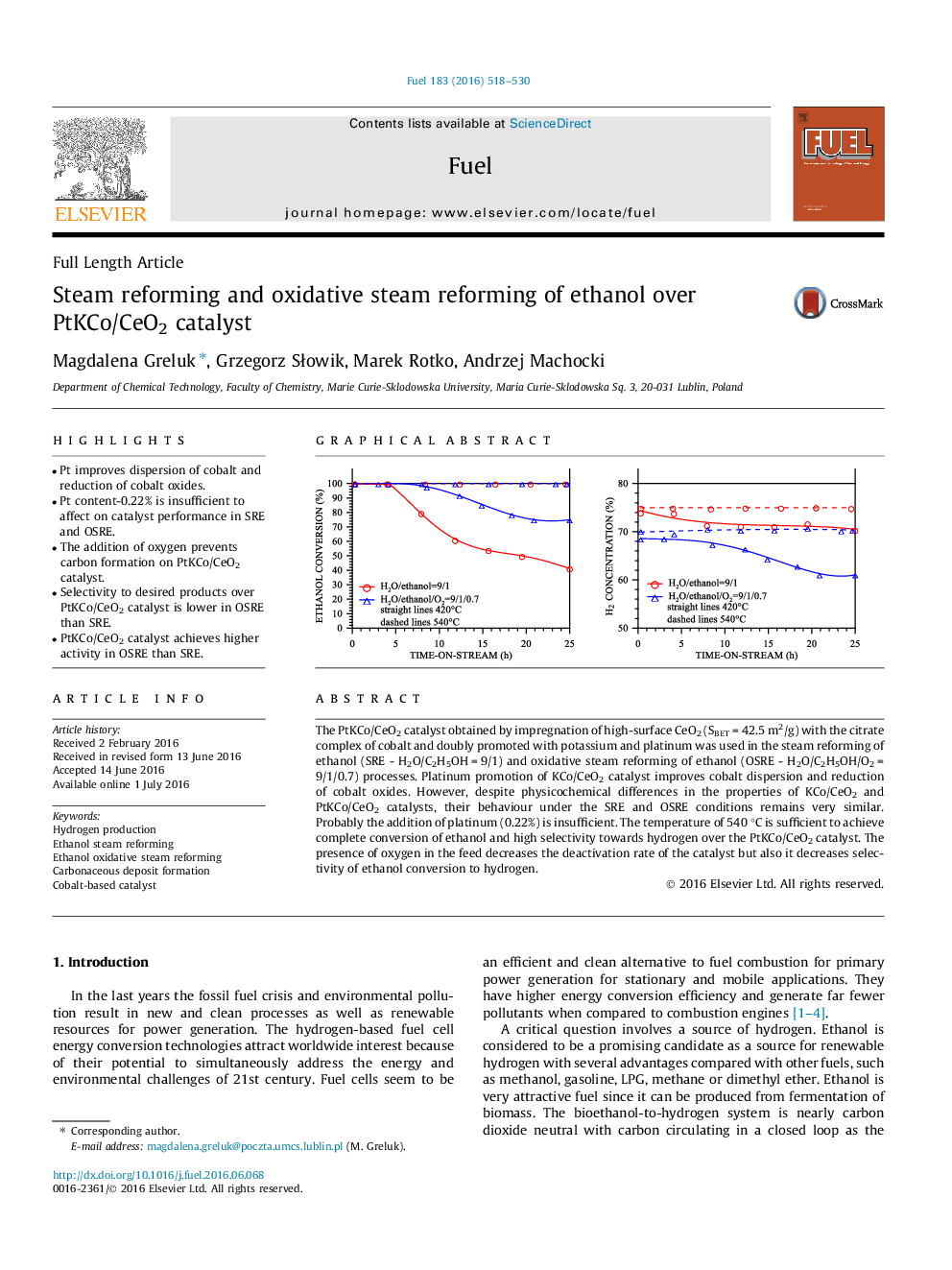 Steam reforming and oxidative steam reforming of ethanol over PtKCo/CeO2 catalyst