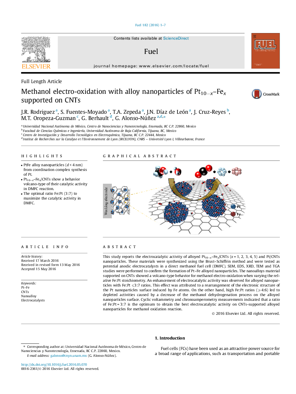 Methanol electro-oxidation with alloy nanoparticles of Pt10âx-Fex supported on CNTs