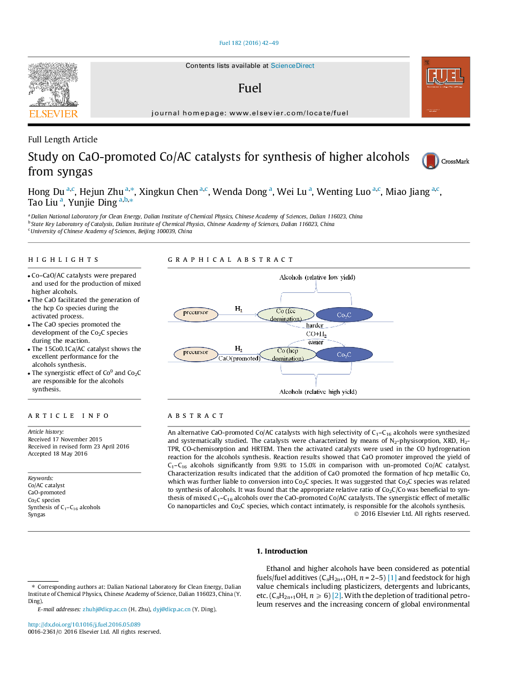 Study on CaO-promoted Co/AC catalysts for synthesis of higher alcohols from syngas