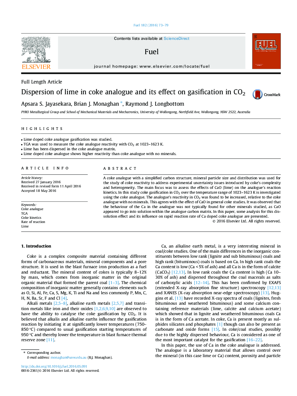 Dispersion of lime in coke analogue and its effect on gasification in CO2