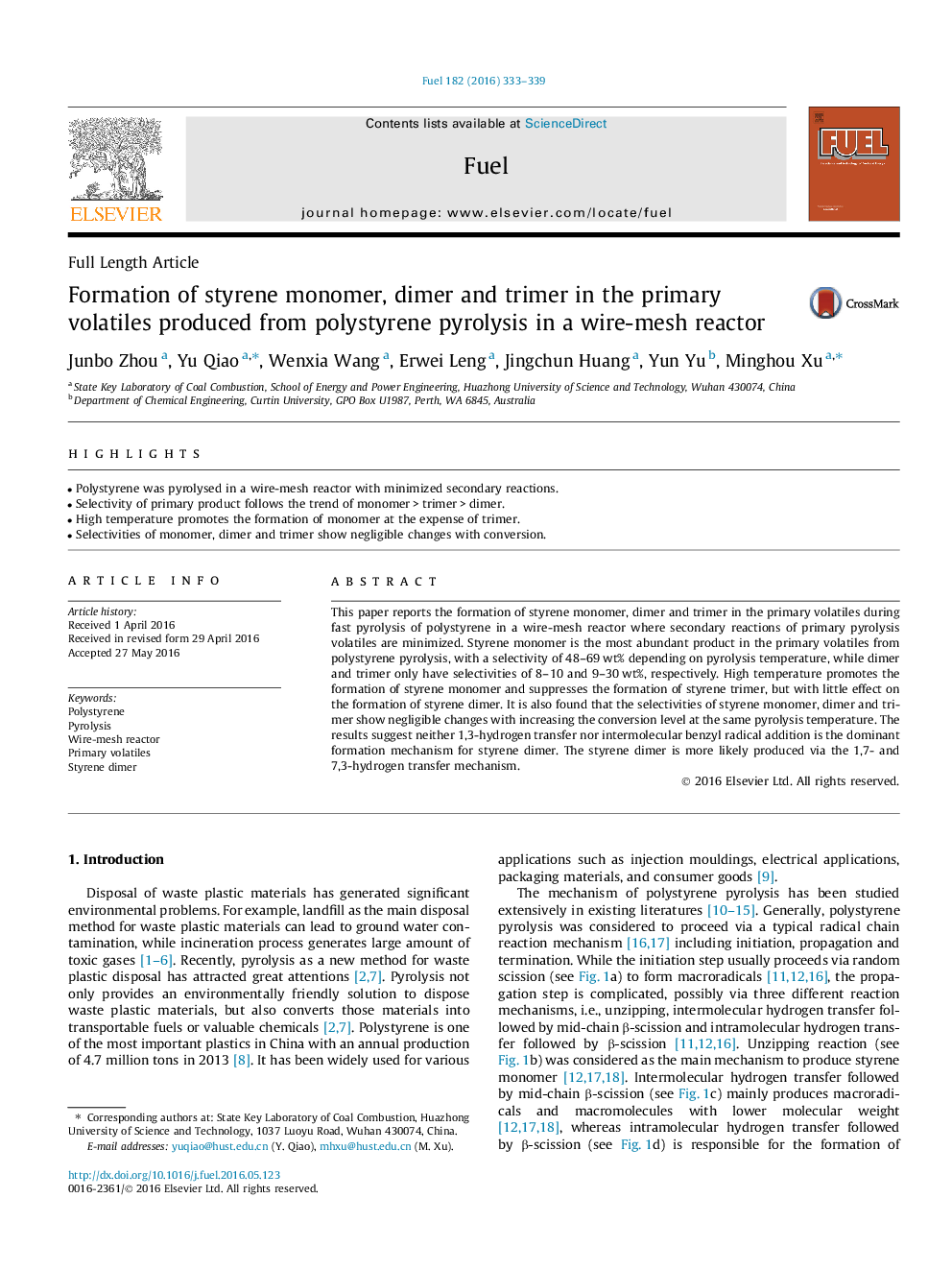 Formation of styrene monomer, dimer and trimer in the primary volatiles produced from polystyrene pyrolysis in a wire-mesh reactor