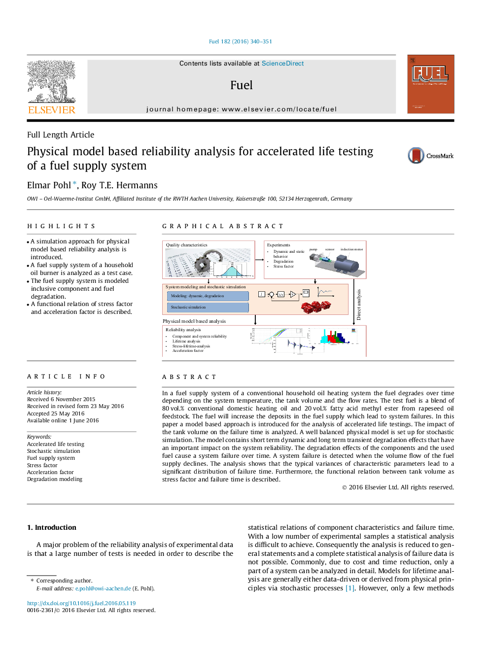 Physical model based reliability analysis for accelerated life testing of a fuel supply system