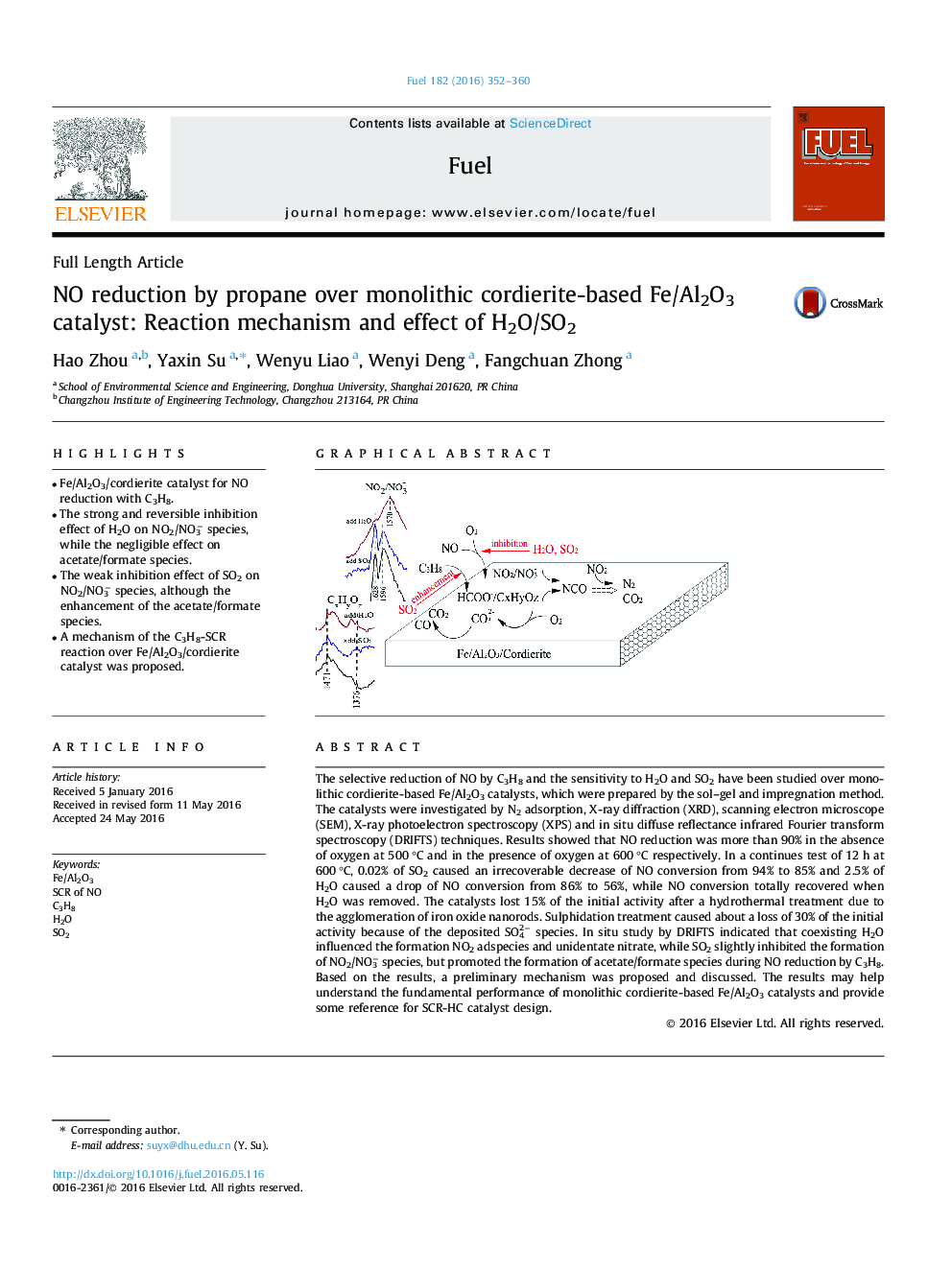 NO reduction by propane over monolithic cordierite-based Fe/Al2O3 catalyst: Reaction mechanism and effect of H2O/SO2