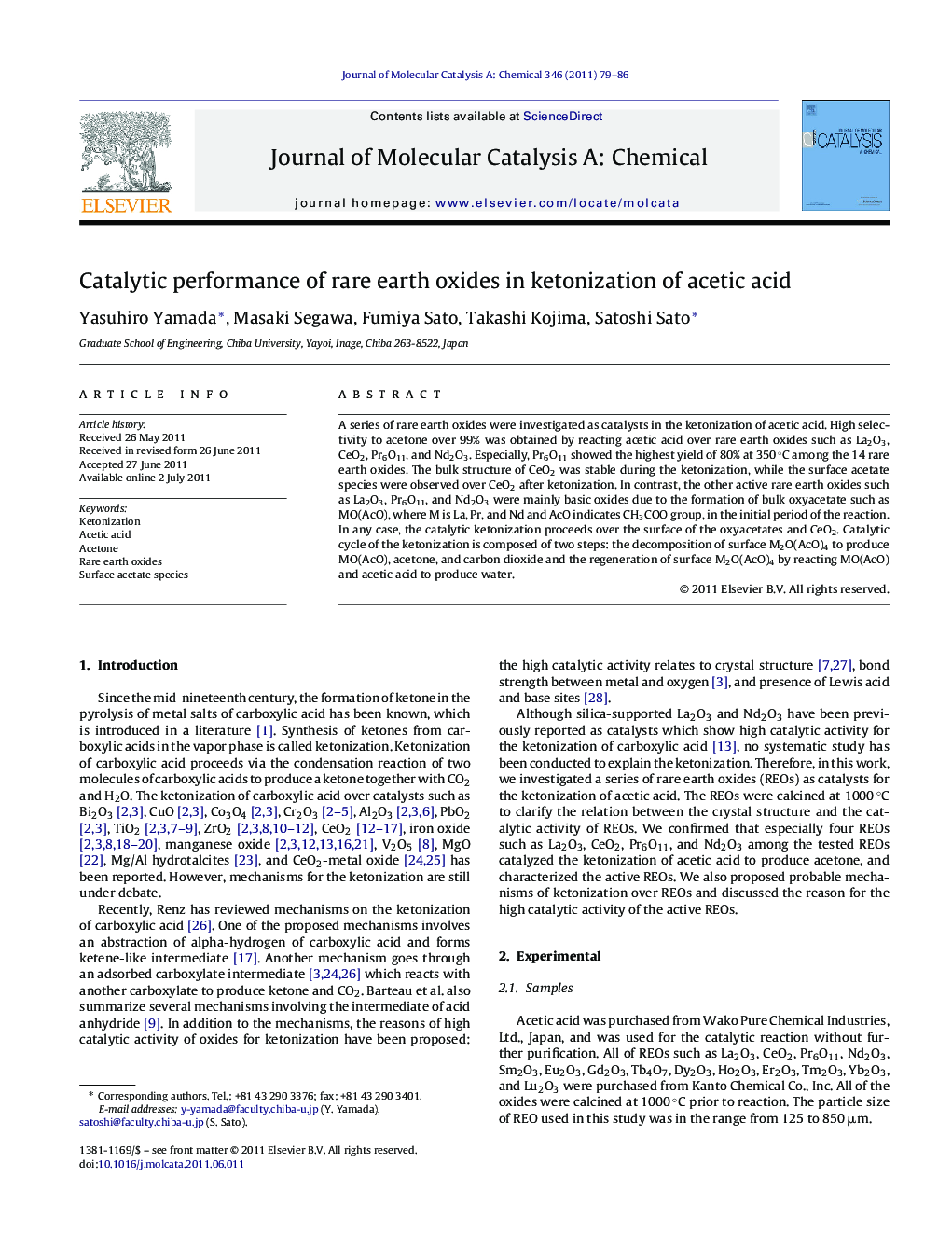 Catalytic performance of rare earth oxides in ketonization of acetic acid