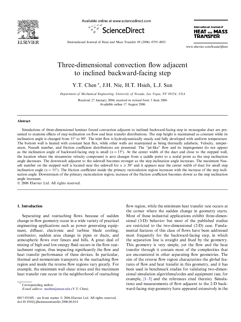 Three-dimensional convection flow adjacent to inclined backward-facing step