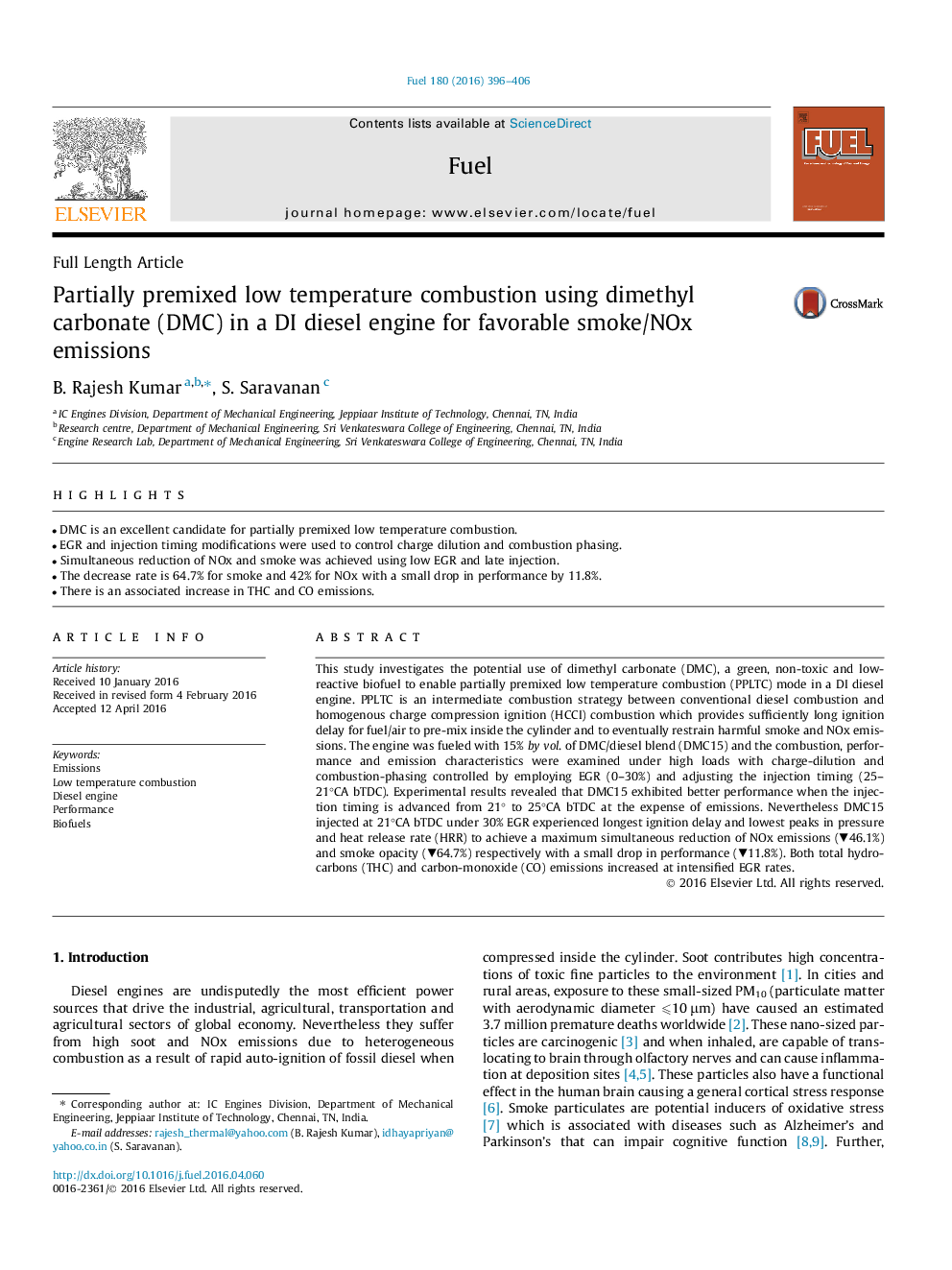 Partially premixed low temperature combustion using dimethyl carbonate (DMC) in a DI diesel engine for favorable smoke/NOx emissions