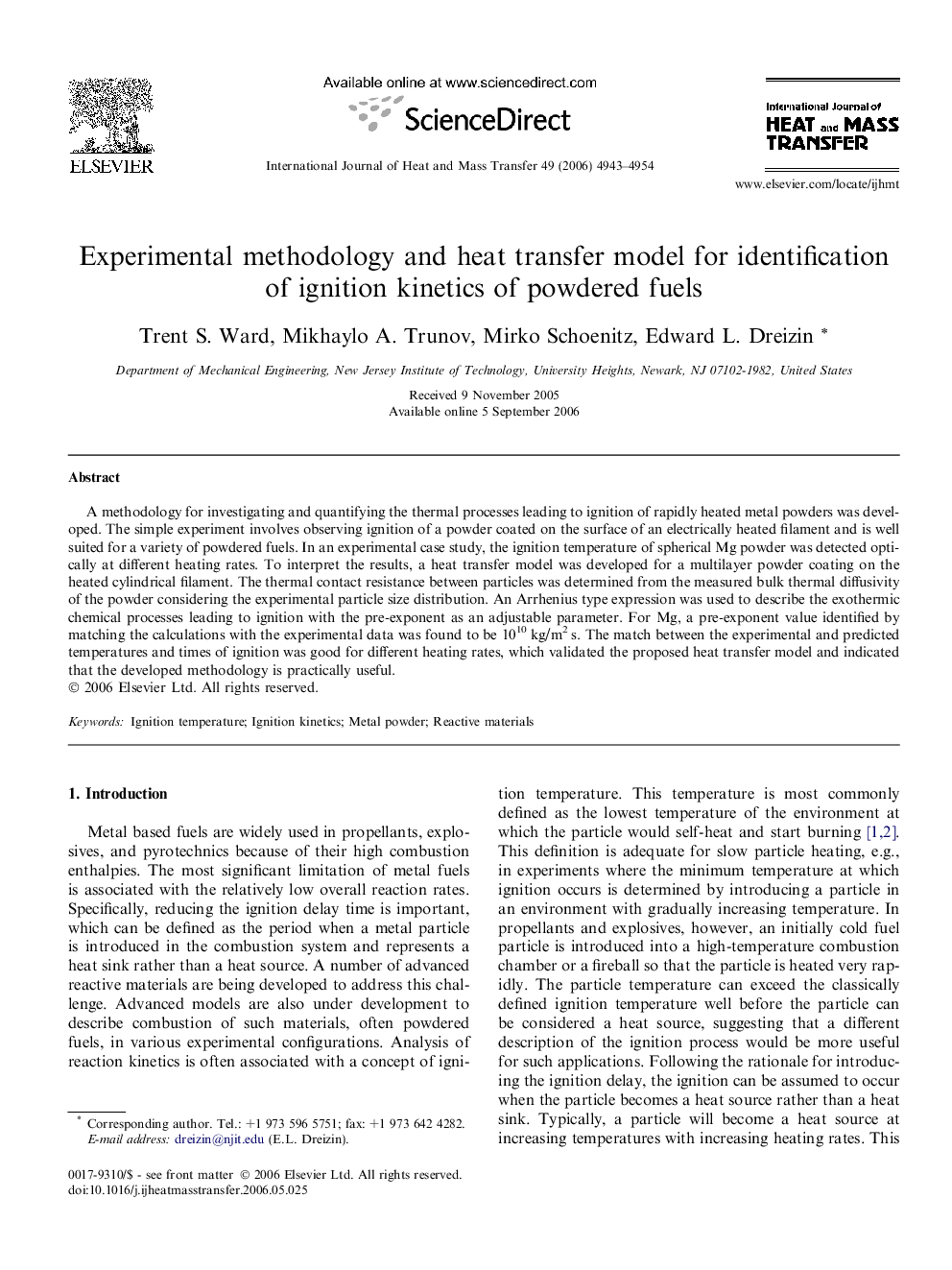 Experimental methodology and heat transfer model for identification of ignition kinetics of powdered fuels