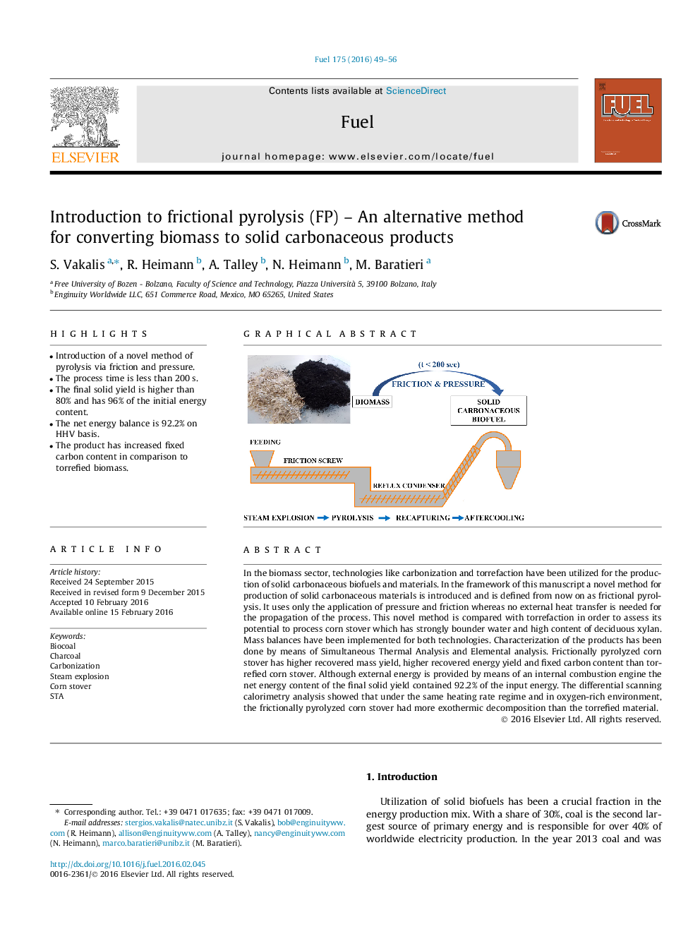 Introduction to frictional pyrolysis (FP) - An alternative method for converting biomass to solid carbonaceous products