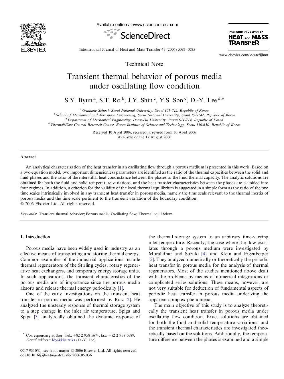 عکس صفحه اول مقاله: Transient thermal behavior of porous media under oscillating flow condition Transient thermal behavior of porous media under oscillating flow condition
