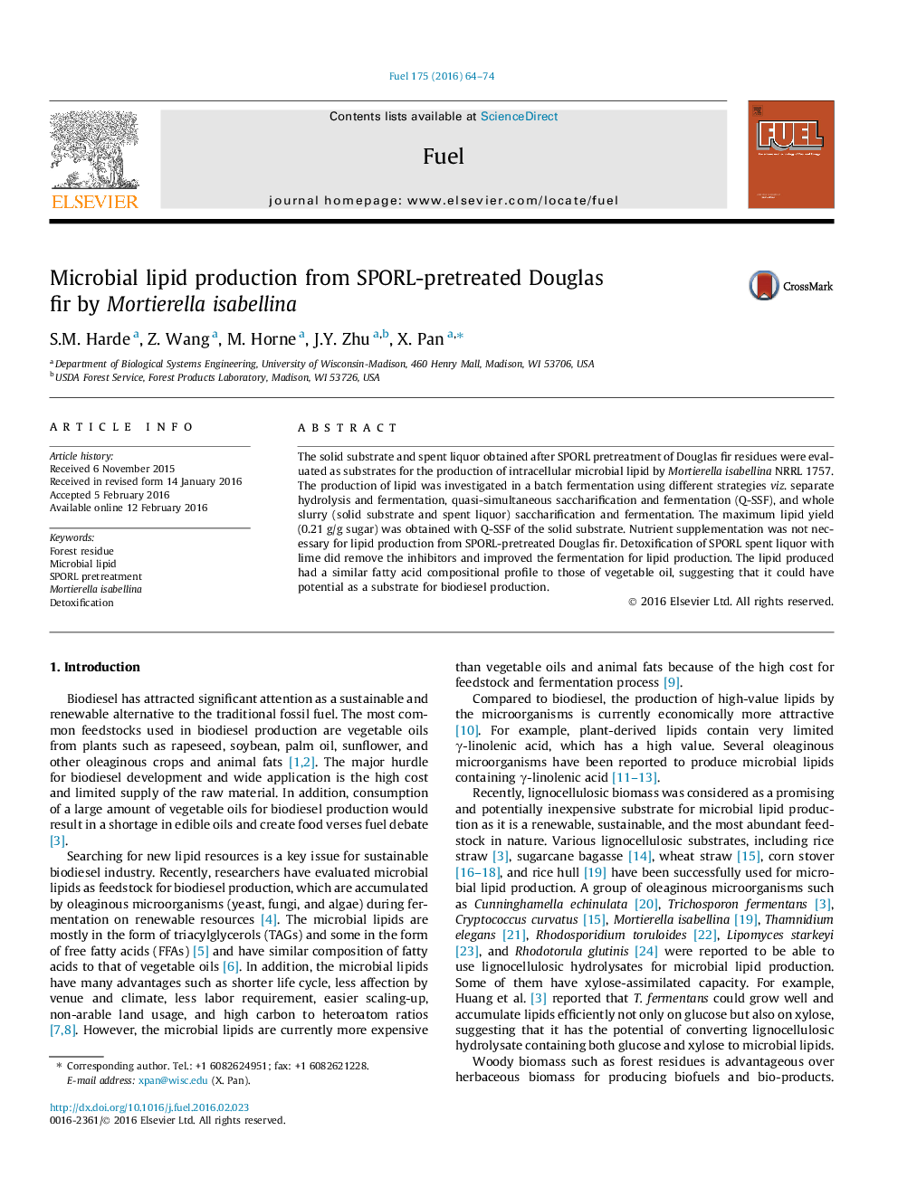 Microbial lipid production from SPORL-pretreated Douglas fir by Mortierella isabellina