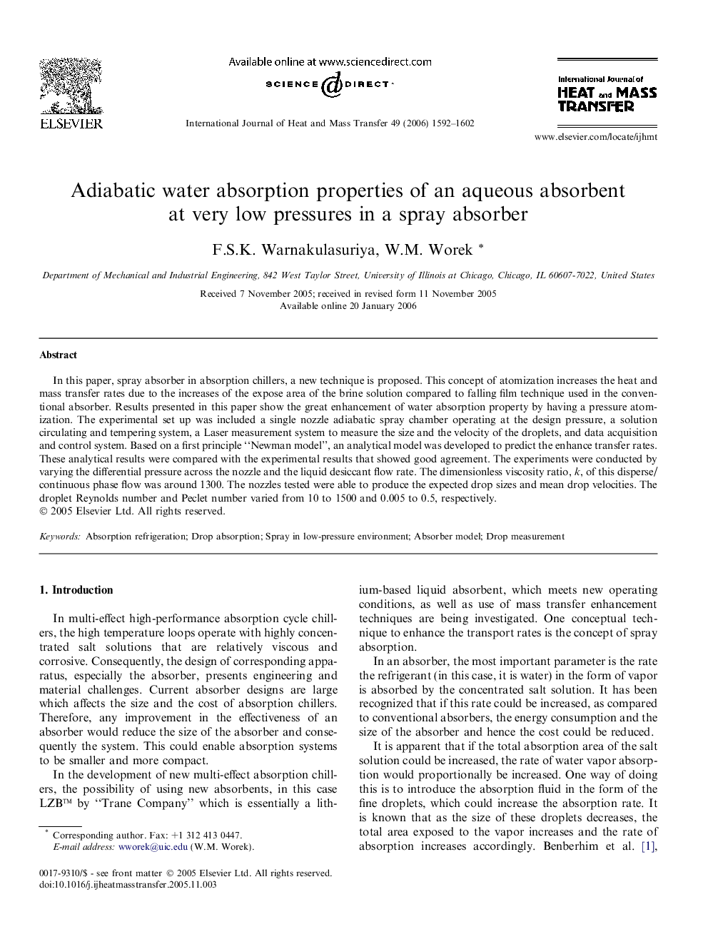 Adiabatic water absorption properties of an aqueous absorbent at very low pressures in a spray absorber